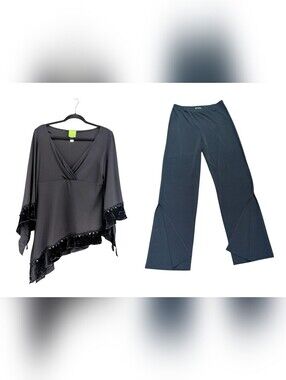 Citrine Black Asymmetric Velvet Trim Tunic & Pants Set Size 12